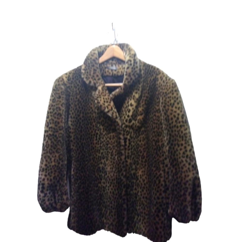 Mob Wives Faux Fur Leopard Print Tan-Black Latch Hook Eye Closure Warm Chic L - Picture 1 of 13